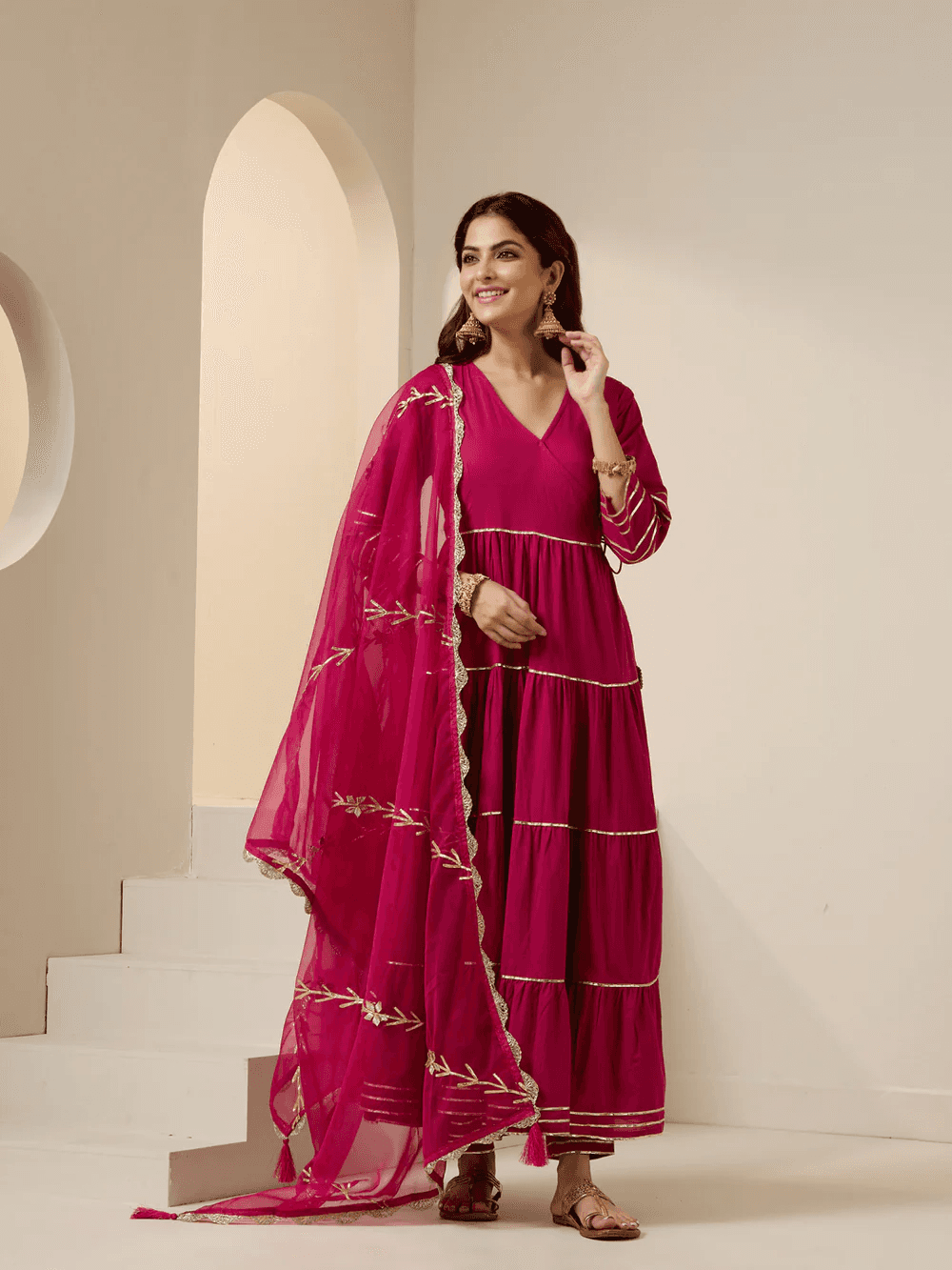 Elegant Pink Gotta Patti Kurta Set Canada featuring a tiered design and matching dupatta