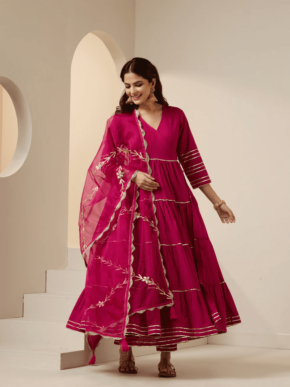 Elegant Pink Gotta Patti Kurta Set Canada featuring a tiered design and flowing dupatta for festive occasions