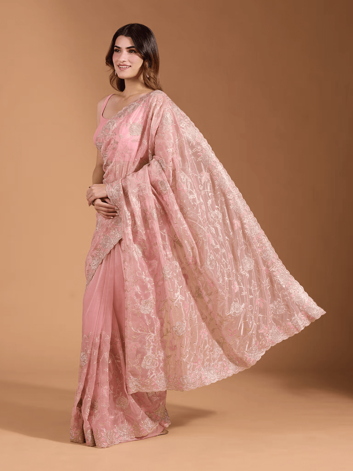 Pink Organza Floral Embroidered Saree with Sequins | Party Saree with Unstitched Blouse Canada - aromie