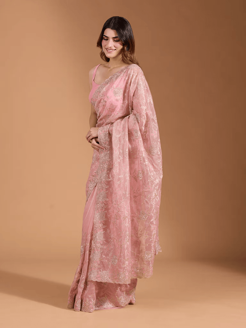 Pink Organza Floral Embroidered Saree with Sequins | Party Saree with Unstitched Blouse Canada - aromie