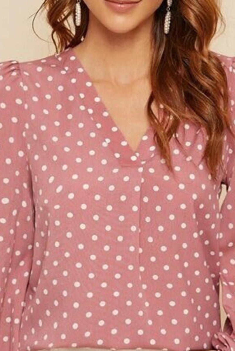 Pink Polka Dot Puff Sleeve Top for Women