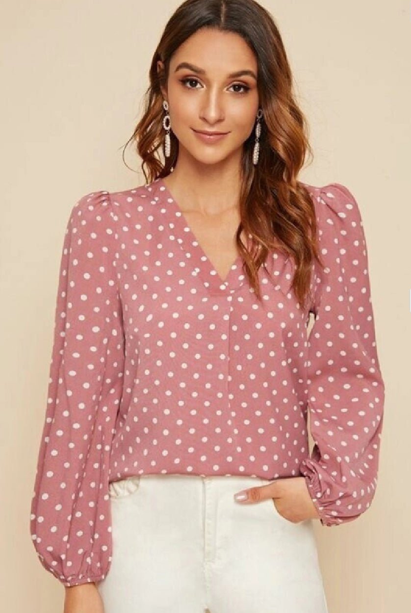 Pink Polka Dot Puff Sleeve Top for Women