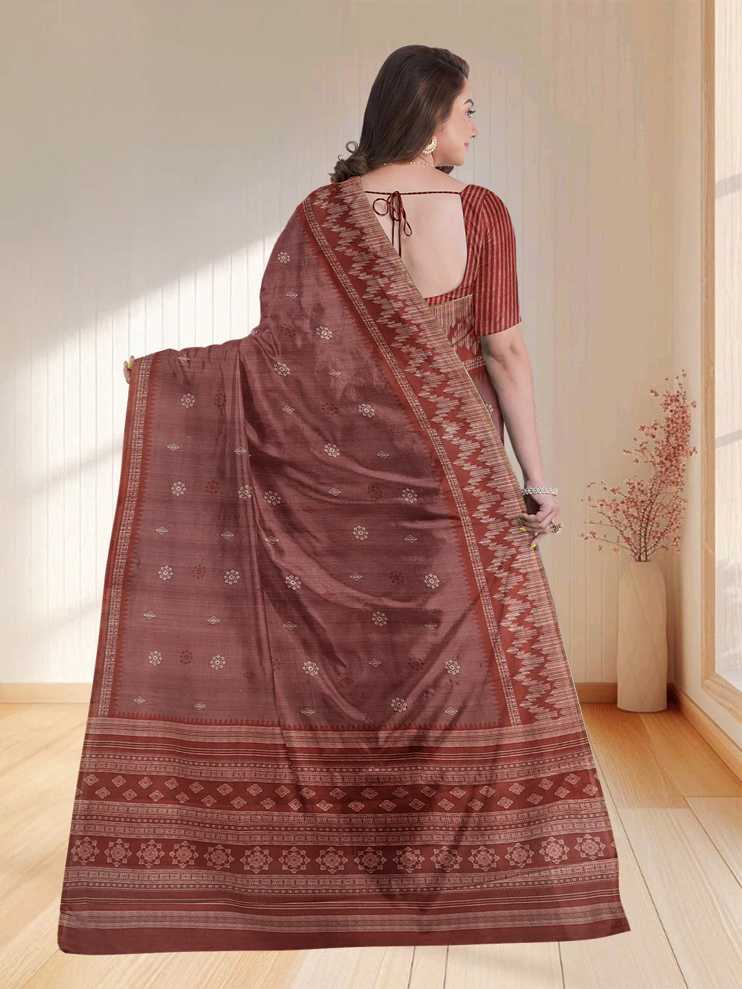 Back view of a pink semi tussar saree by Aromie, ideal for festive occasions in Canada