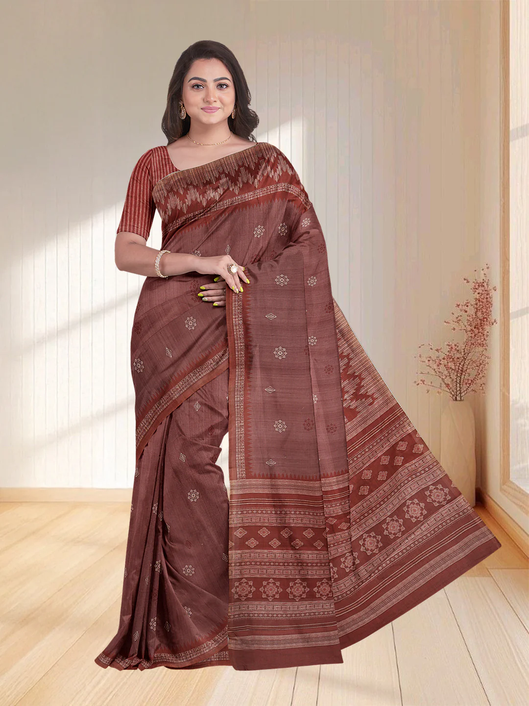 Front view of a pink semi tussar saree from Aromie, perfect for festive occasions in Canada.