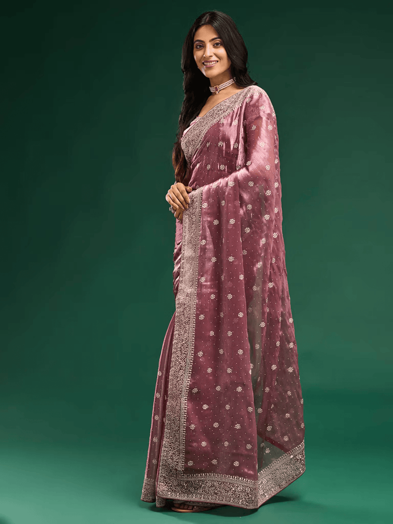 Pink Silk Embroidered Saree with Zari Work | Casual Saree with Unstitched Blouse Canada - aromie