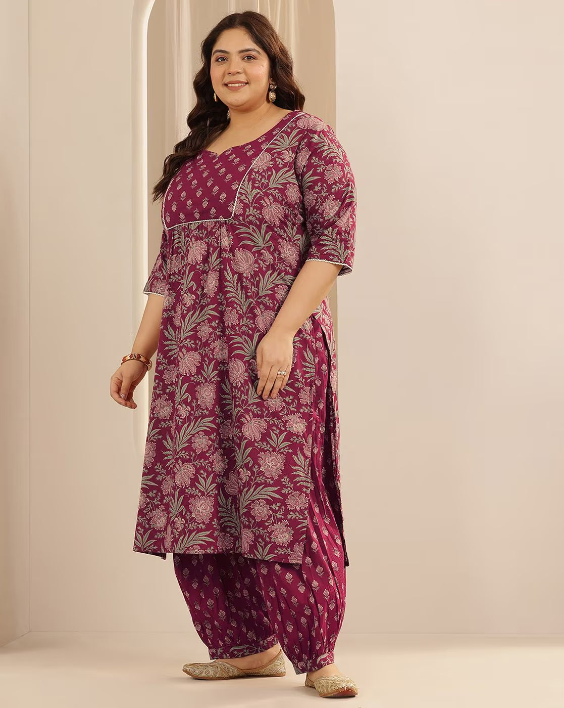 Elegant plus size Indian kurta set Canada in purple floral design with matching palazzo pants