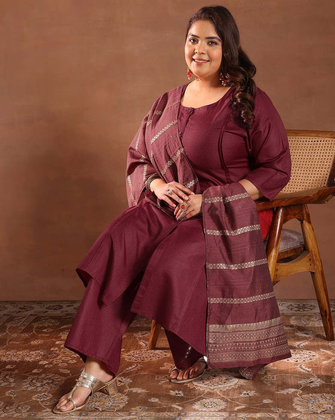 Plus size Indian kurta set Canada in burgundy with ethnic design and matching dupatta