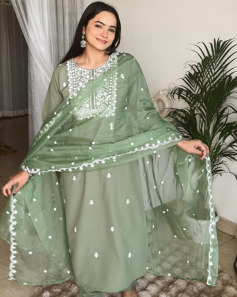 Aromie three piece Polka dot kurta for women in green with intricate embroidery and matching dupatta