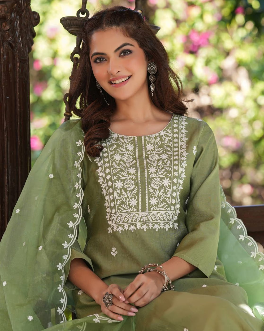 Aromie three piece kurtha in green with floral embroidery, featuring a polka dot kurta for women