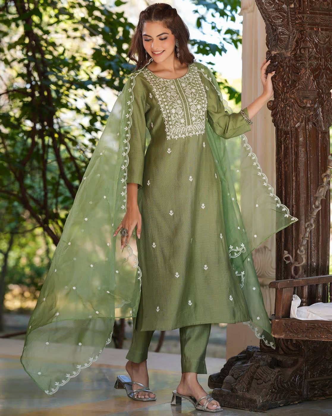 Elegant three piece kurta set for women in green with intricate embroidery, featuring a polka dot kurta for women