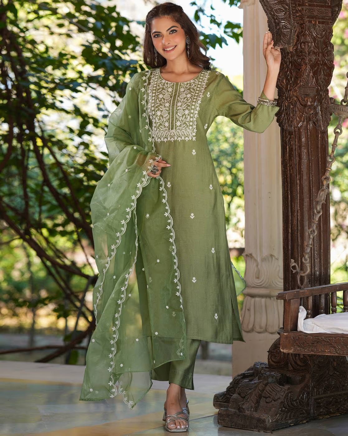 Elegant green polka dot kurta for women with intricate embroidery and matching dupatta
