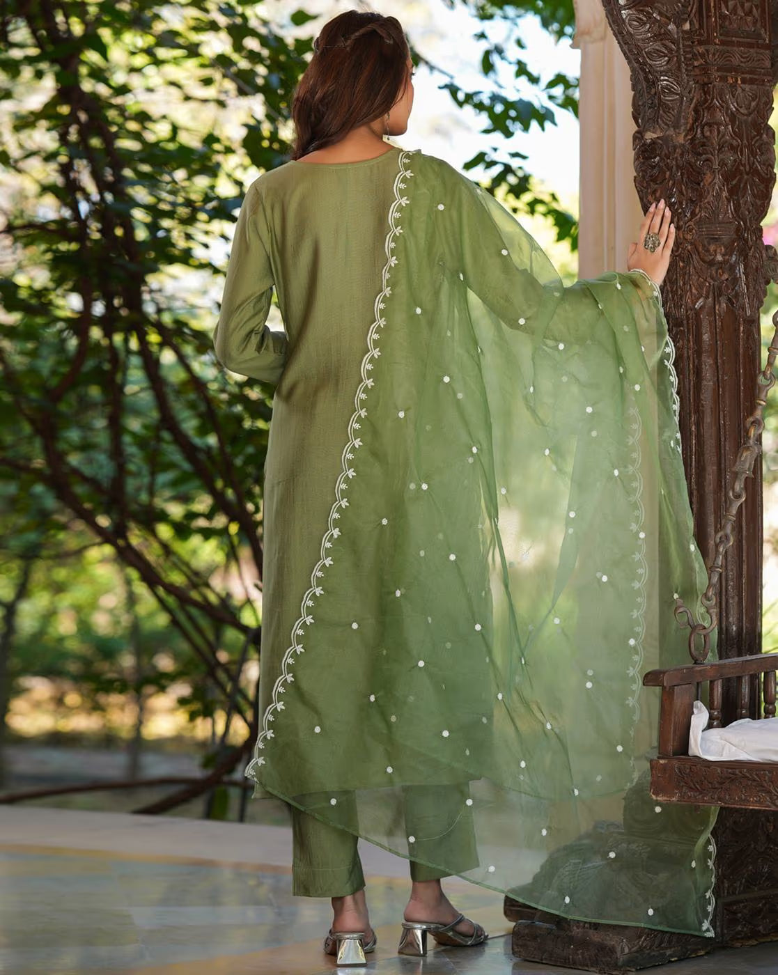 Elegant three piece polka dot kurta for women in green with embroidered dupatta and stylish design