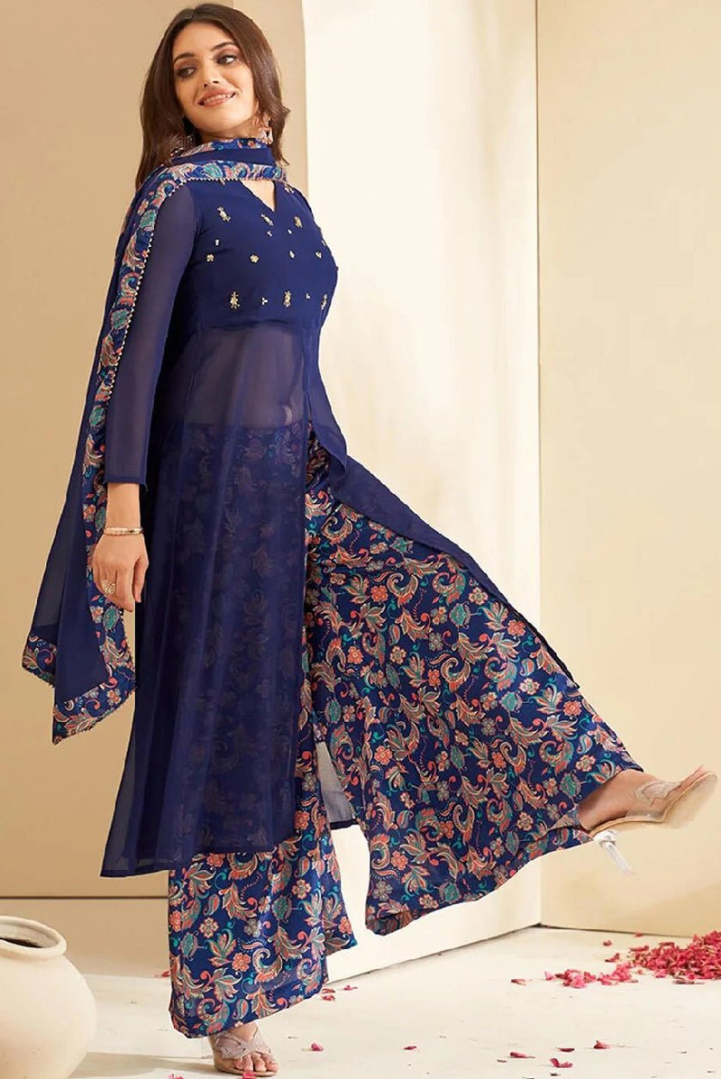 Elegant Three Piece Polyester Muslin Kurta Set with Floral Print and Dupatta for Festive Occasions
