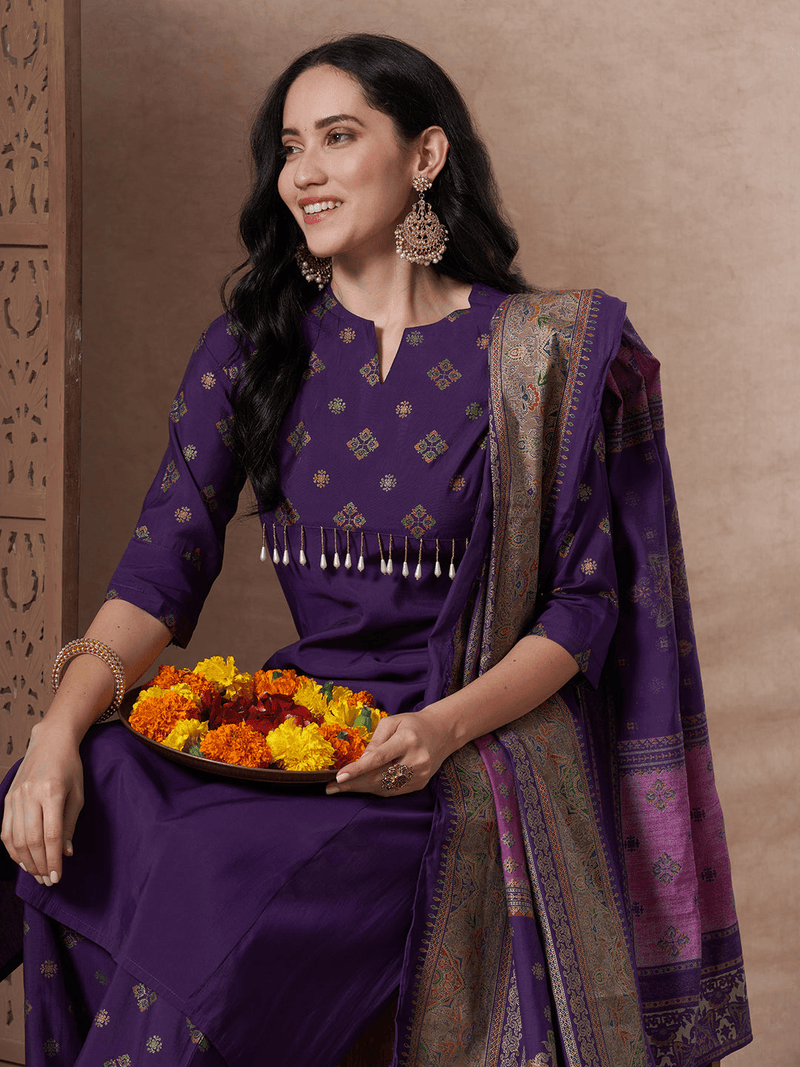 Aromie printed A-line kurta set Canada in purple with intricate designs and a matching dupatta