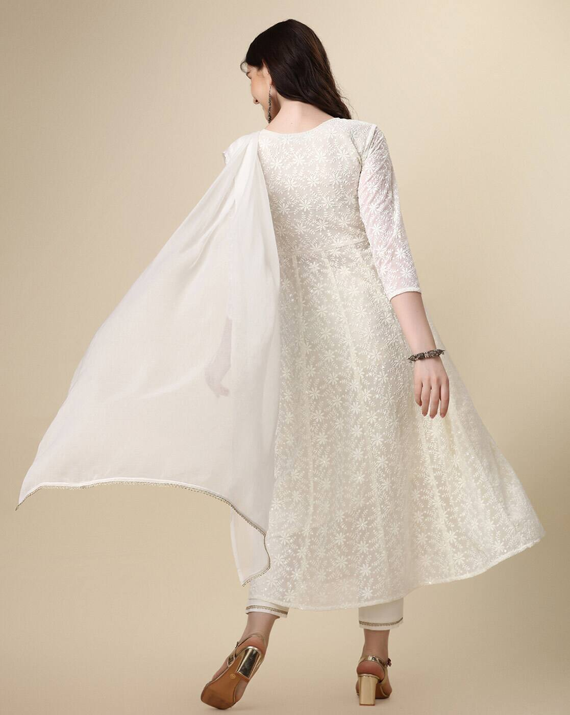 Aromie three piece Kurtha in white with intricate patterns and flowing dupatta printed Anarkali Kurta set Canada