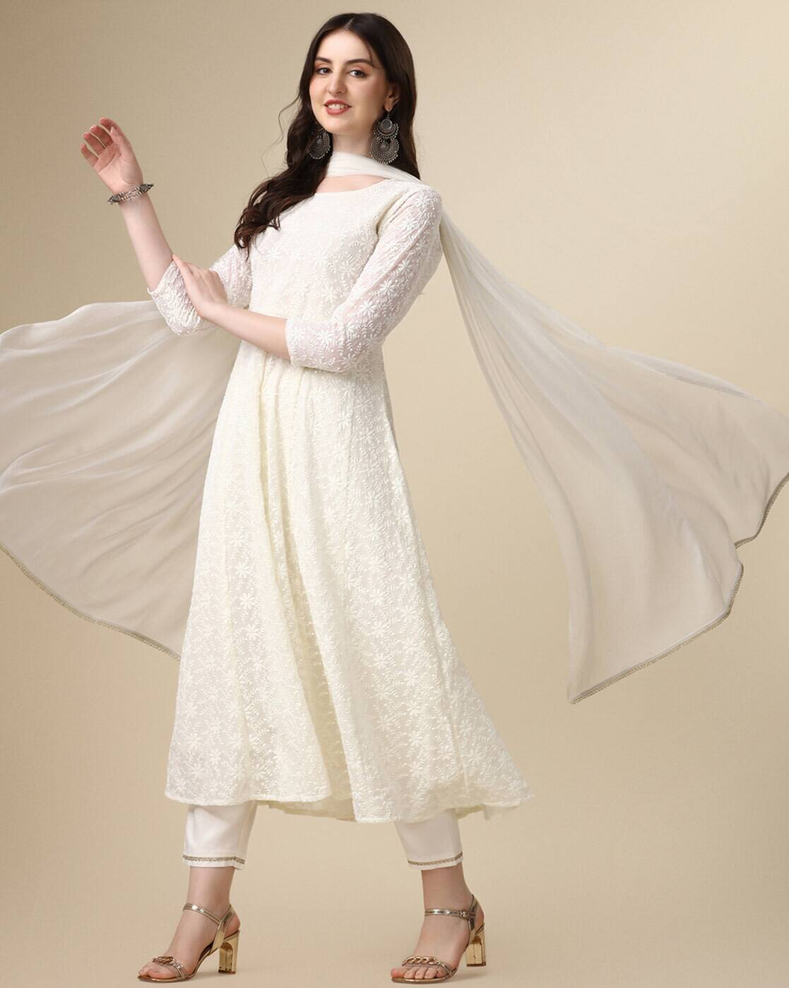 Aromie three piece Kurtha in white lace with dupatta and pants Printed Anarkali Kurta Set Canada