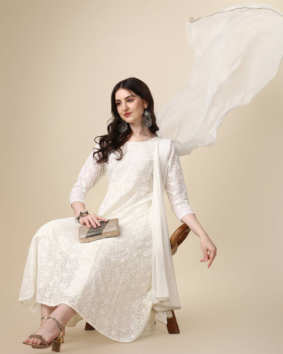Aromie three piece Printed Anarkali Kurta Set Canada in white with lace detailing and matching dupatta