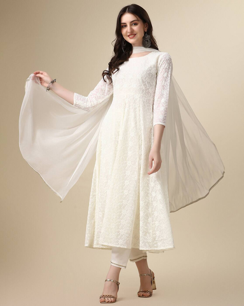 Aromie three piece Printed Anarkali Kurta Set Canada in elegant white with lace detailing and matching dupatta
