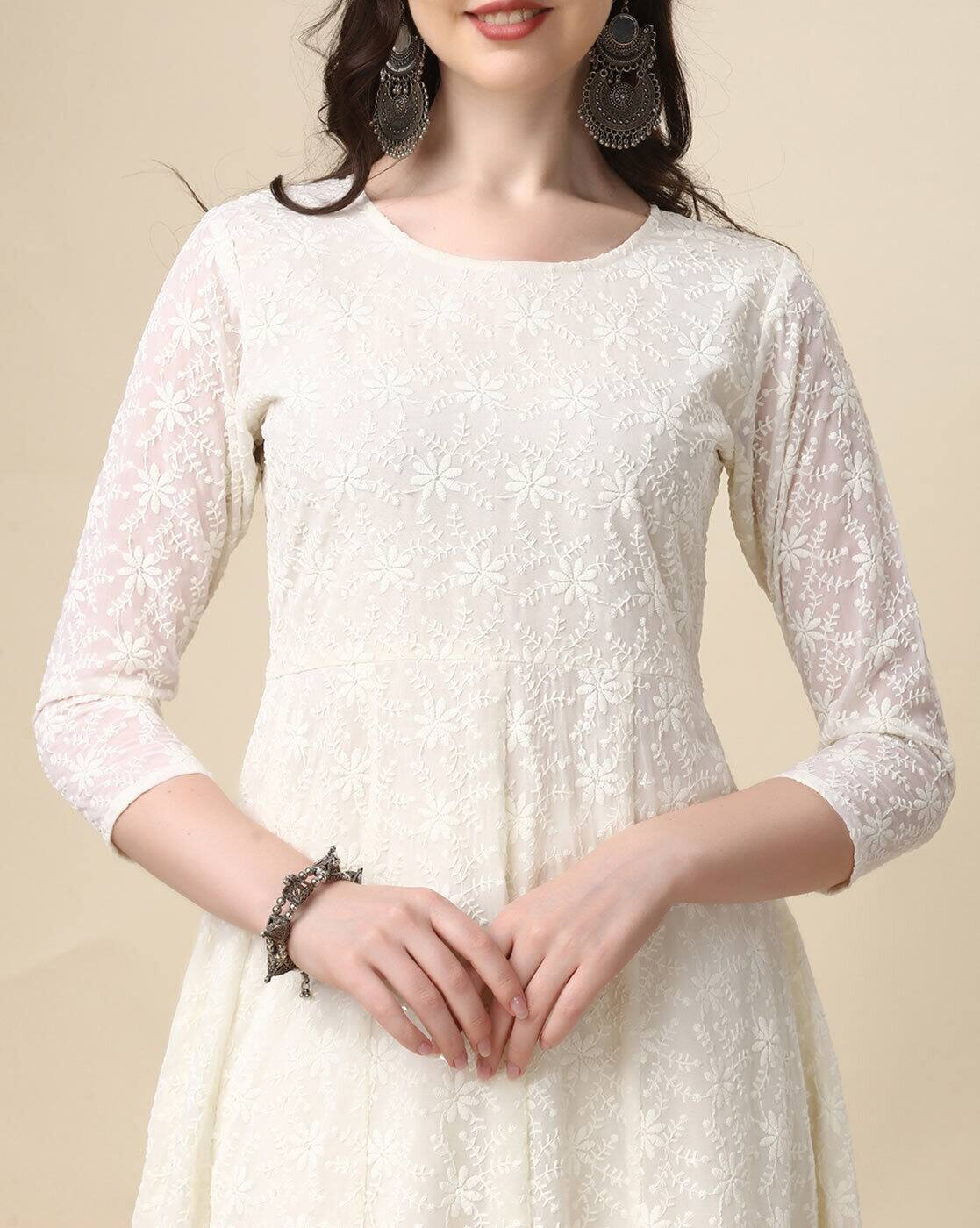 Aromie three piece Kurtha with white embroidered fabric and sheer 3/4 sleeves, Printed Anarkali Kurta Set Canada