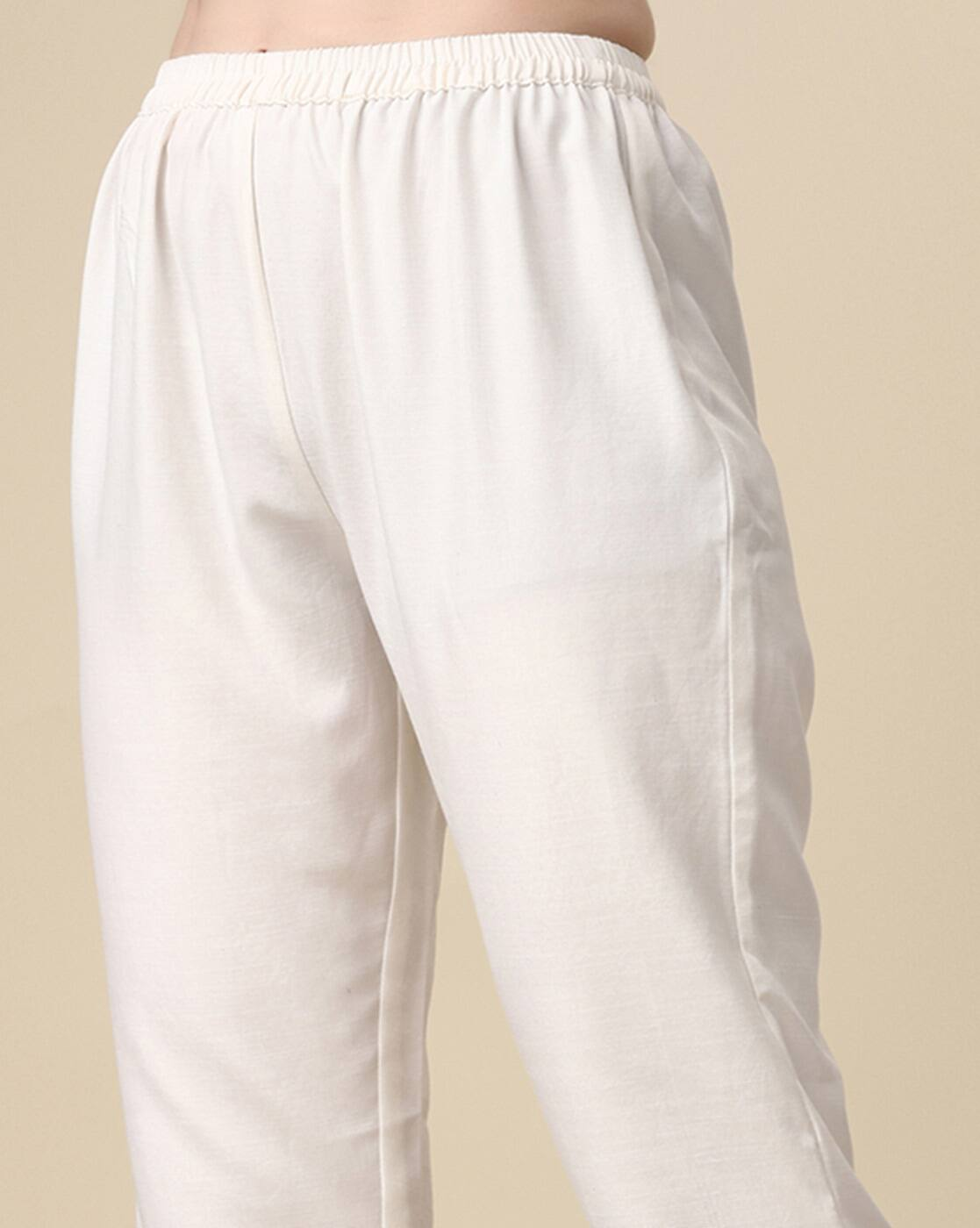Close-up of white pants from aromie three piece Kurtha Printed Anarkali Kurta Set Canada
