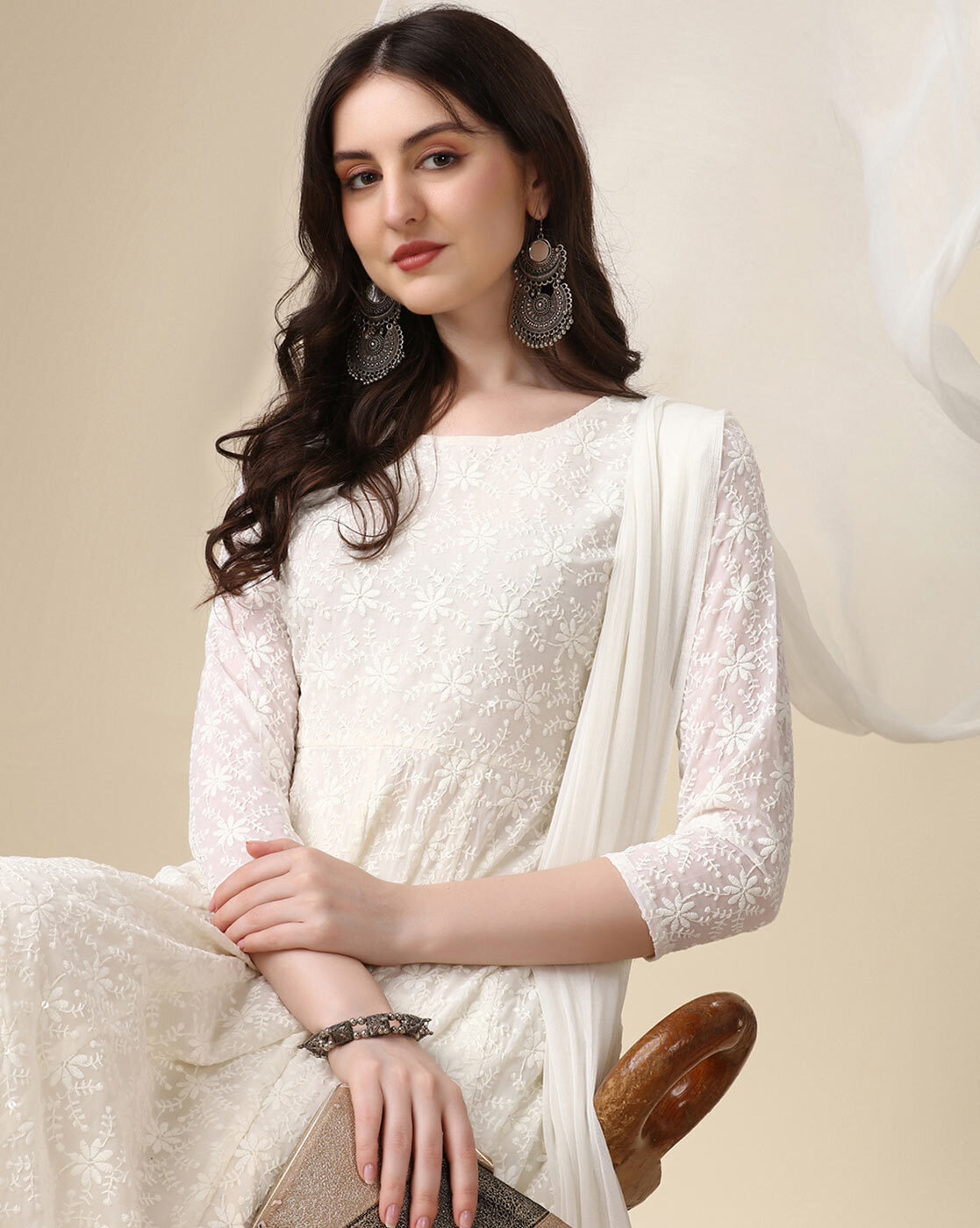 Aromie three piece Printed Anarkali Kurta Set Canada in white with floral embroidery and matching dupatta