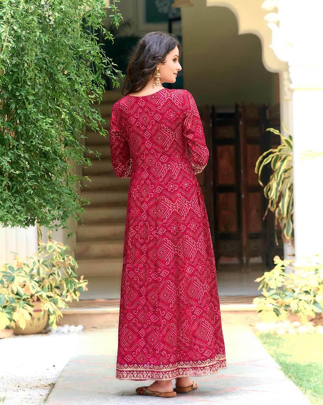 Aromie Printed Chinon Anarkali Set three piece kurtha in red with intricate patterns and full sleeves