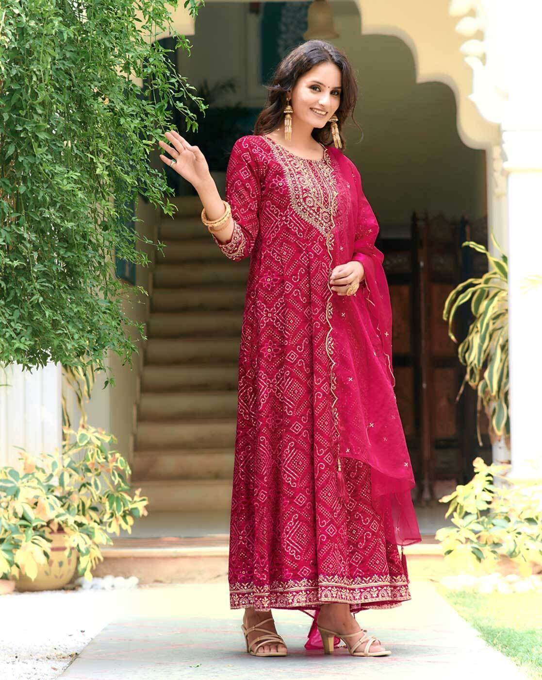 Aromie Printed Chinon Anarkali Set in deep red with intricate patterns and embellished neckline