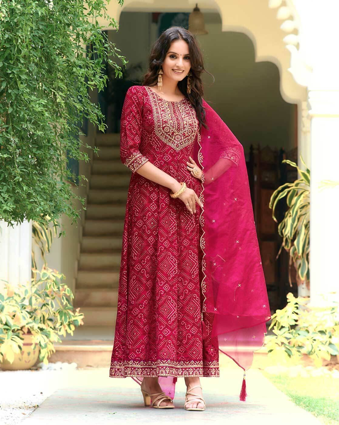 Aromie three piece Kurtha featuring a Printed Chinon Anarkali Set in red with intricate embroidery and matching dupatta