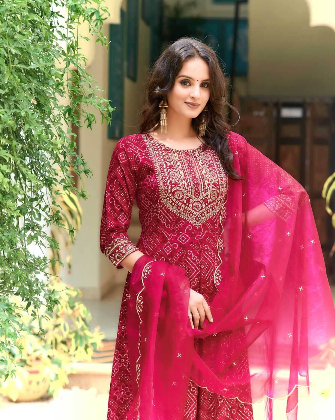 Aromie Printed Chinon Anarkali Set in deep pink with intricate embroidery and matching dupatta