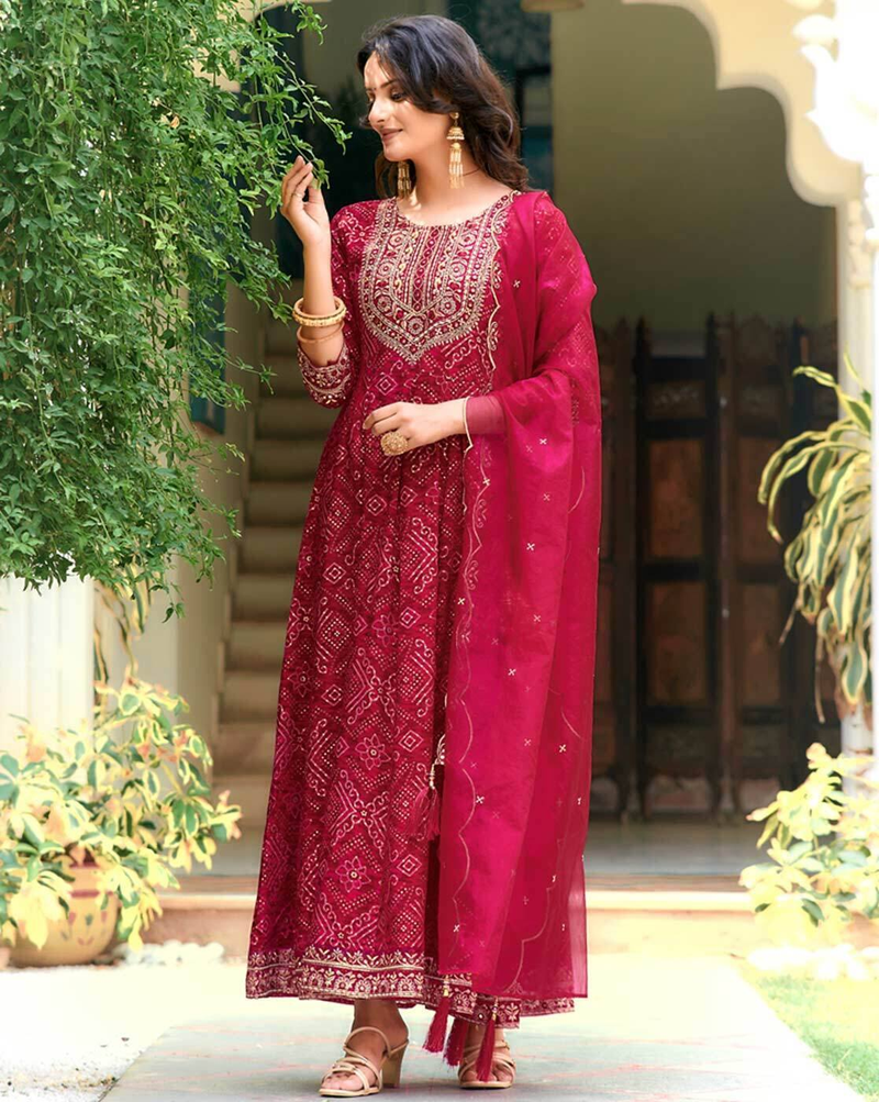 Aromie three piece Kurtha in red featuring intricate embroidery and dupatta in Printed Chinon Anarkali Set