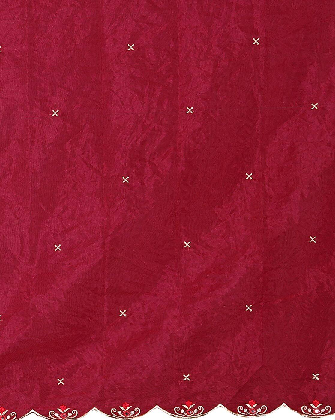 Aromie three piece Kurtha in deep red featuring delicate embroidery and scalloped hem detail Printed Chinon Anarkali Set