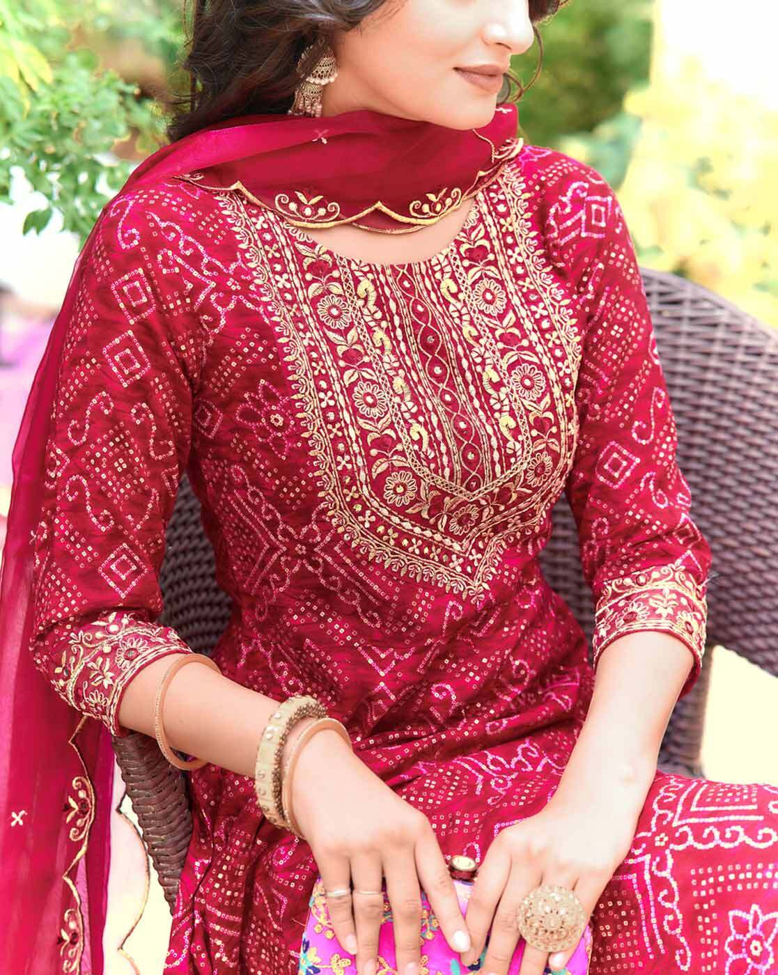 Aromie three piece Kurtha in vibrant red with intricate gold embroidery Printed Chinon Anarkali Set