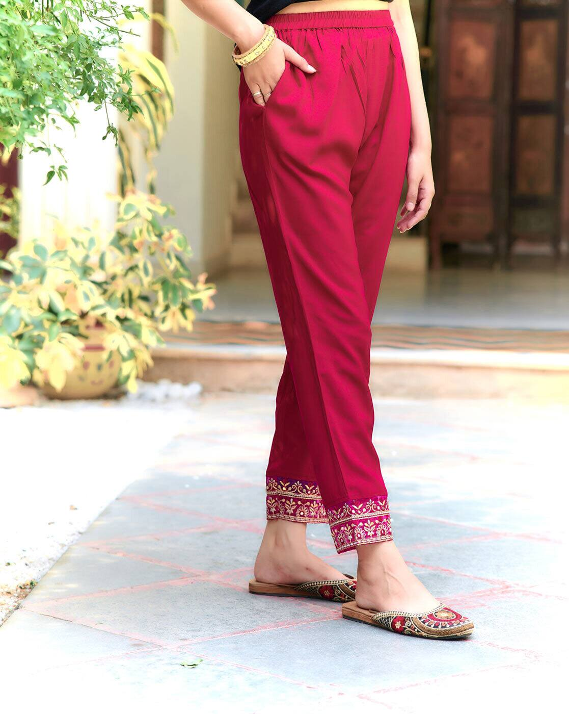 Aromie three piece Kurtha featuring red pants with embroidered hem, part of Printed Chinon Anarkali Set
