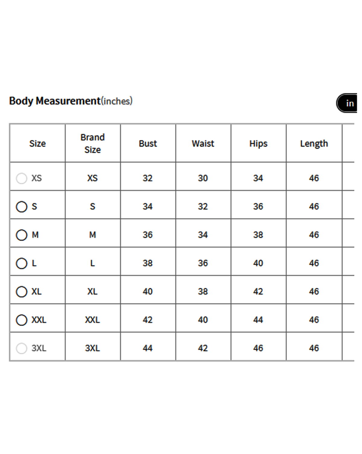 Size chart for aromie three piece Kurtha showing bust waist hips and length measurements in inches