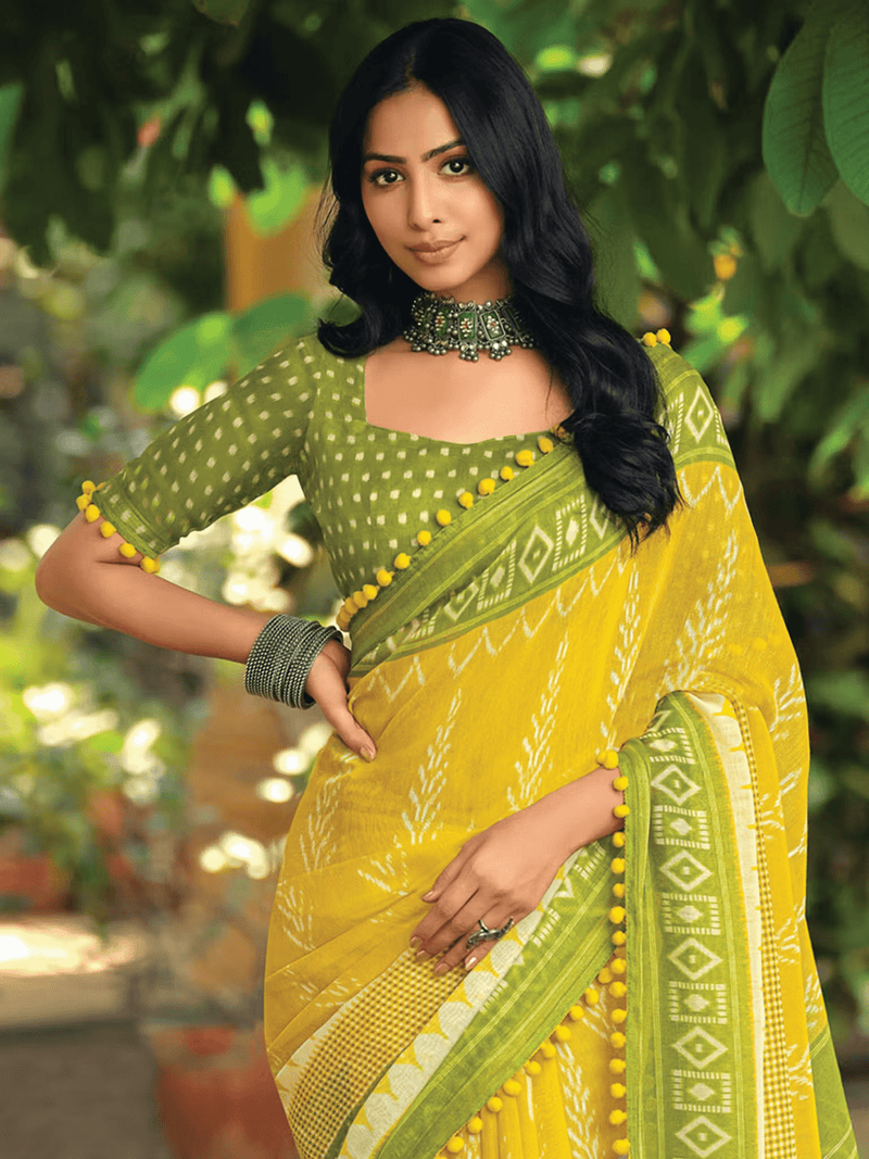 Printed Cotton Casual Saree in Vibrant Yellow