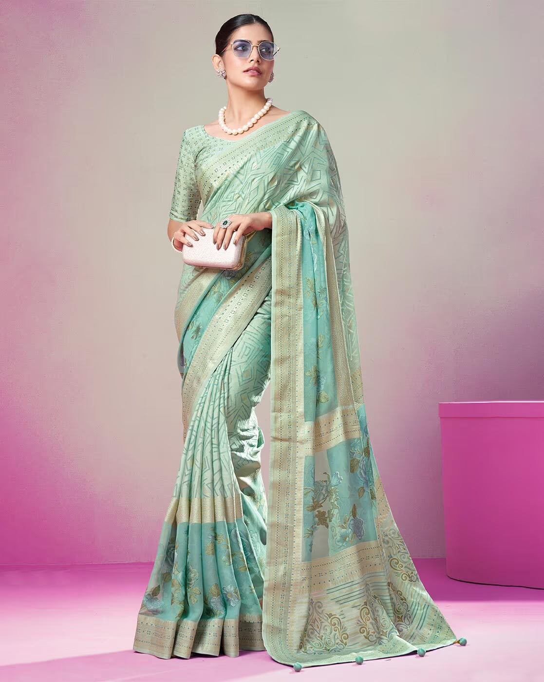 Aromie printed cotton casual saree in light green with intricate designs and elegant draping