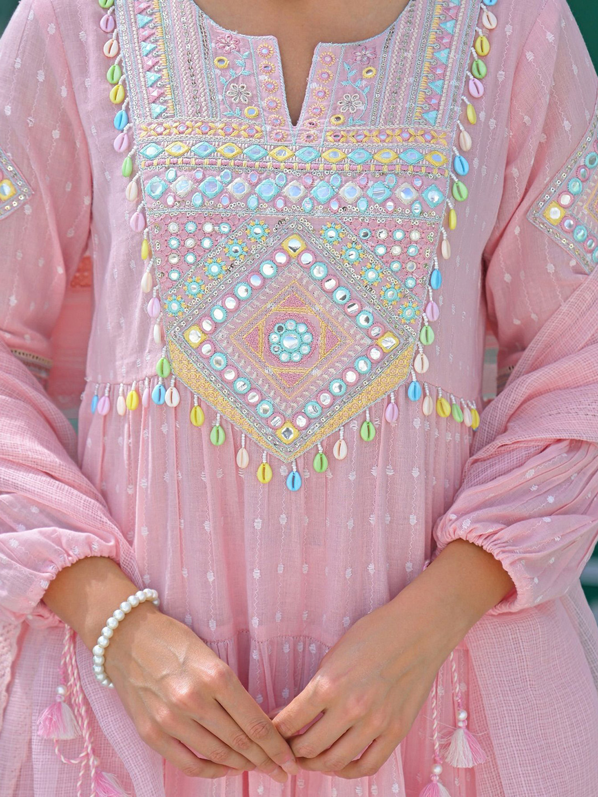 Pastel pink three piece Kurtha with detailed embroidery, perfect as a printed cotton top Canada