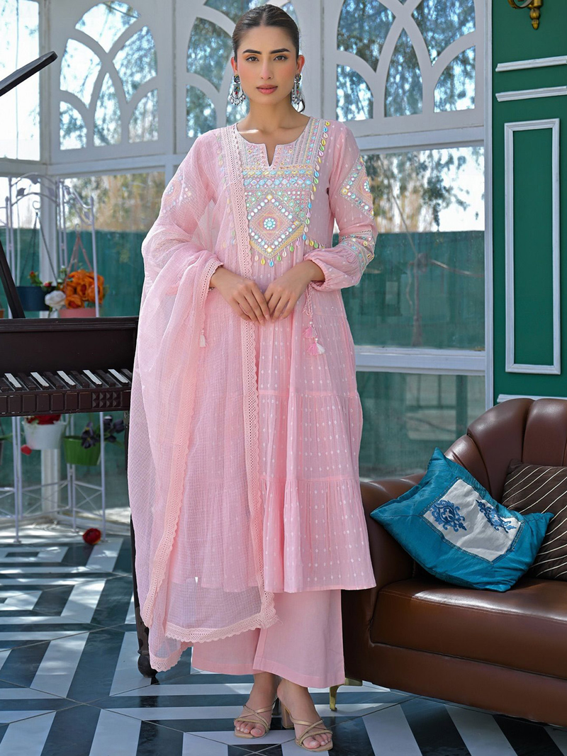 Three piece Kurtha set in pink with intricate embroidery, perfect for stylish wear in Canada.
