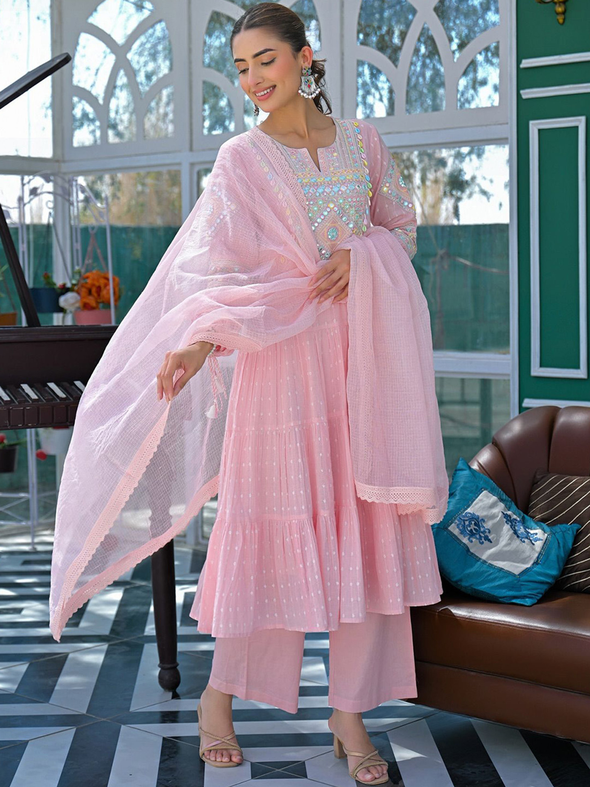 Aromie three piece Kurtha set featuring a pink printed cotton top Canada with elegant embroidery and matching bottom wear