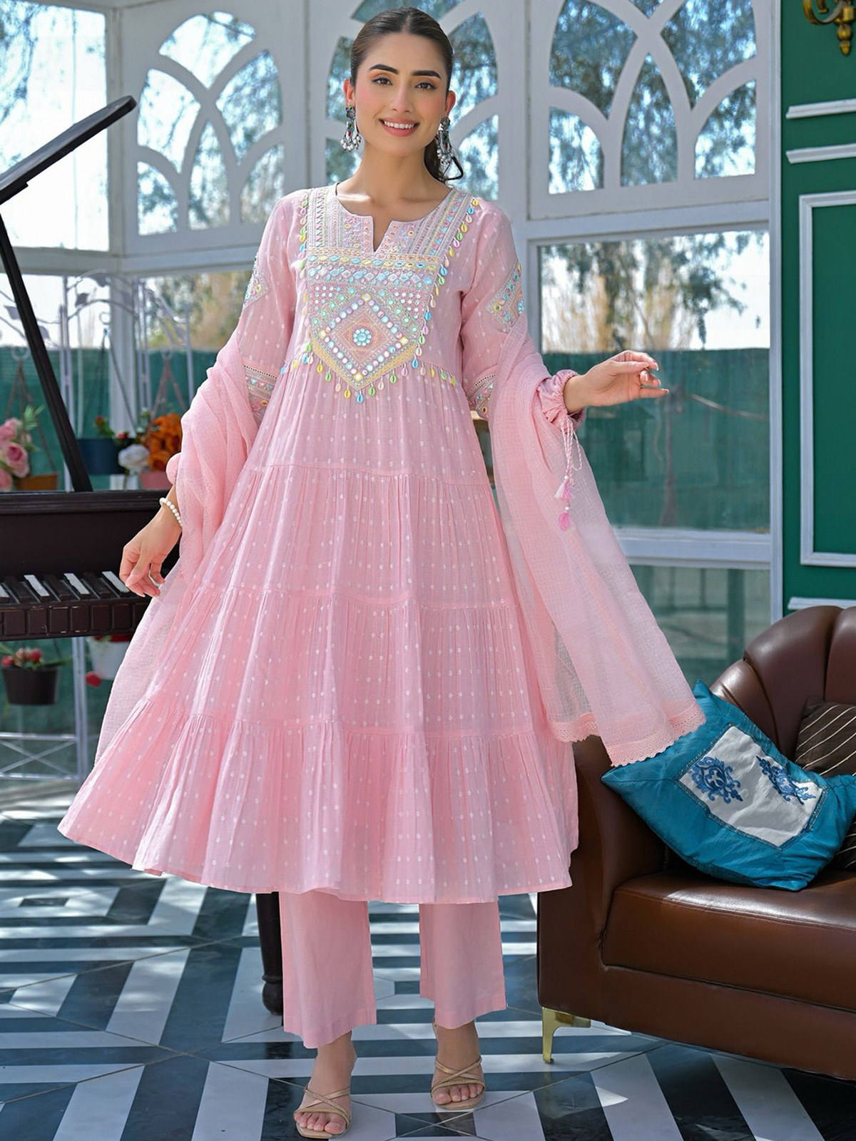 Aromie three piece Kurtha in pastel pink with intricate embroidery, perfect for stylish occasions in Canada