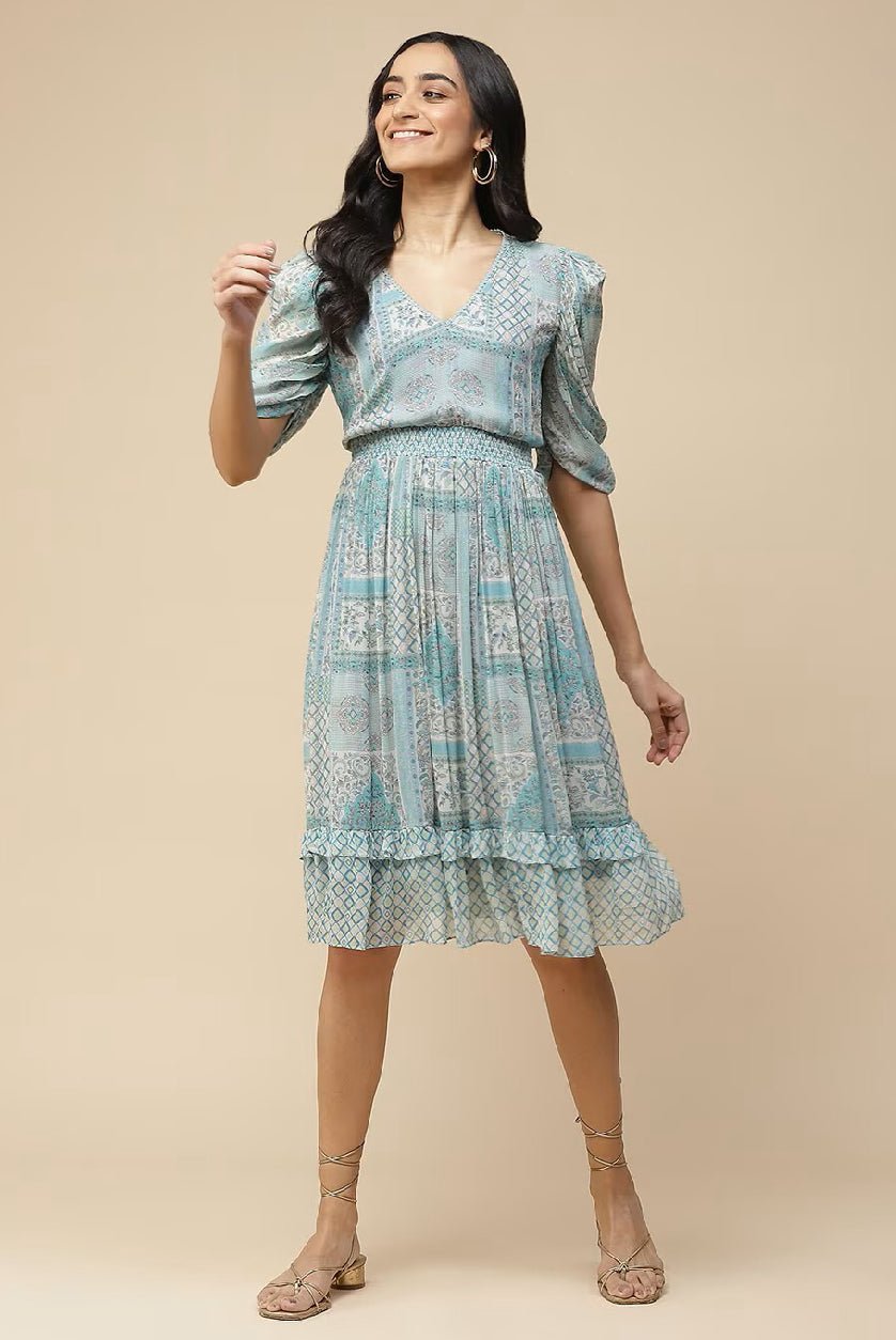 Printed Fit & Flare Dress – V - Neck Recycled Polyester Georgette Short Dress - aromie