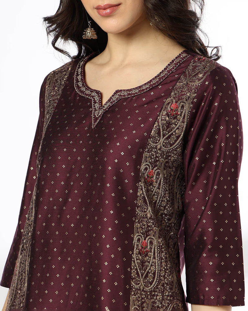 Elegant AROMIE printed kurta set with dupatta in a rich maroon color, featuring intricate designs and a stylish neckline