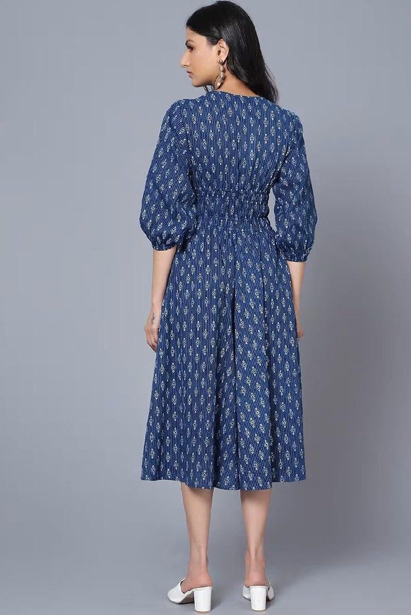 Printed V - Neck Fit & Flare Dress – Comfortable Cotton Dress for Casual Occasions - aromie