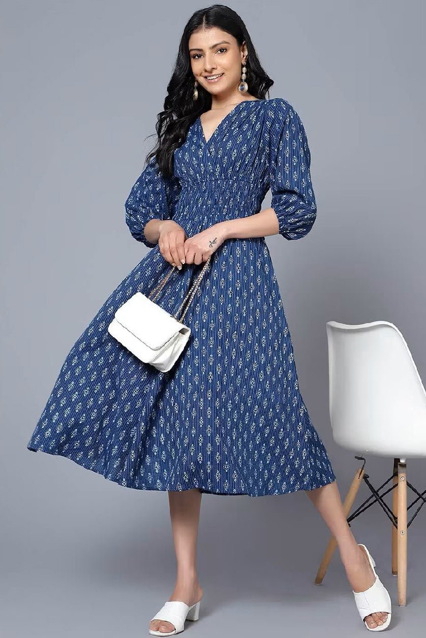 Printed V - Neck Fit & Flare Dress – Comfortable Cotton Dress for Casual Occasions - aromie