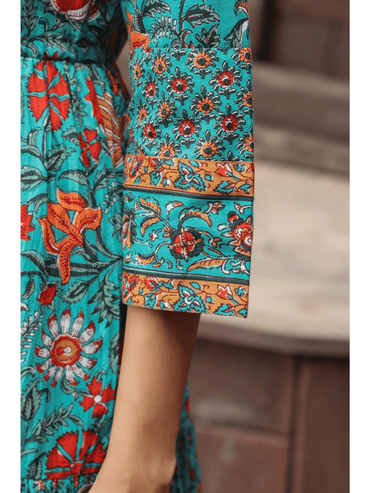 Pure Cotton A - Line Midi Dress for Women – Printed Everyday Wear with Tie - Ups & 3/4 Sleeves - aromie
