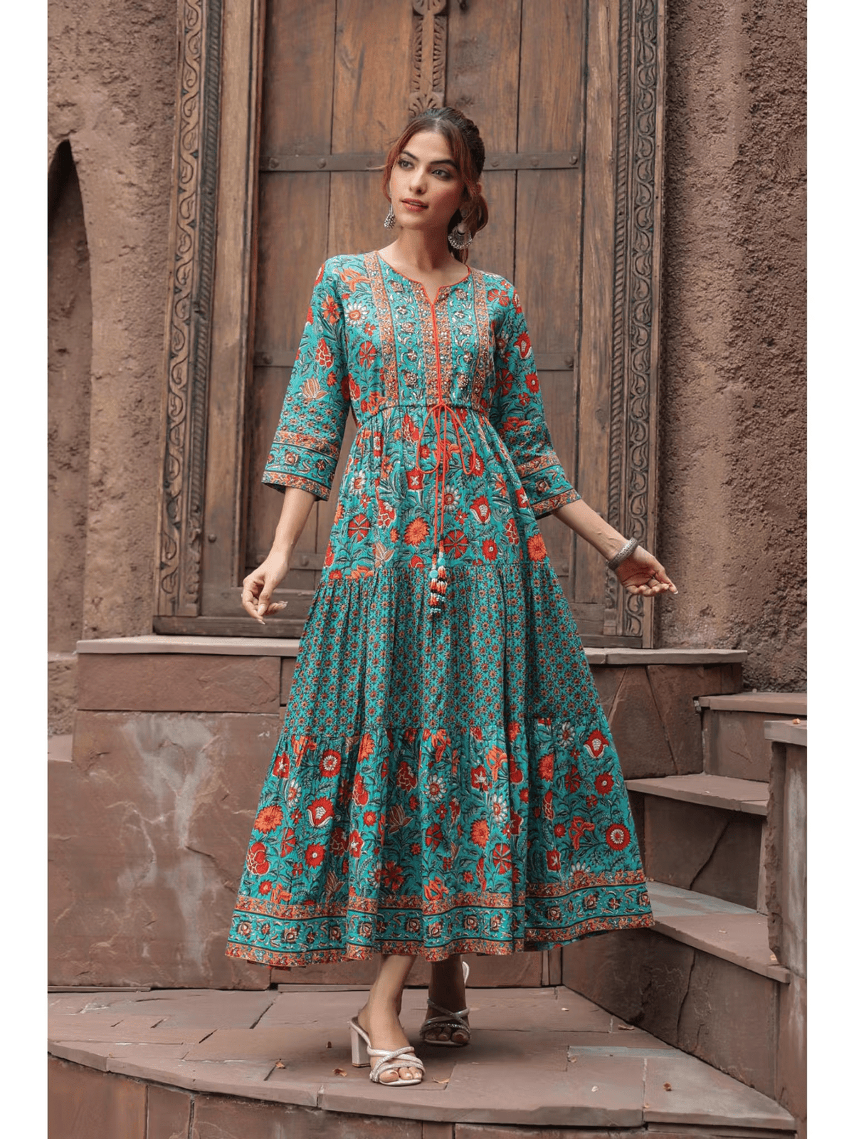 Pure Cotton A - Line Midi Dress for Women – Printed Everyday Wear with Tie - Ups & 3/4 Sleeves - aromie