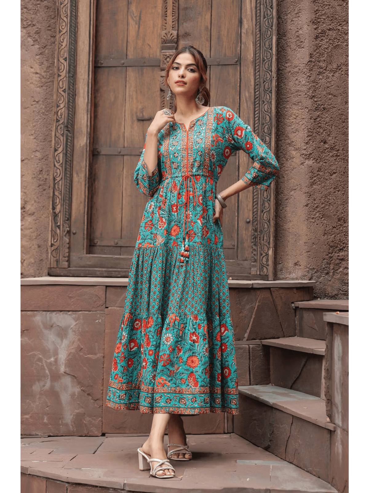 Pure Cotton A - Line Midi Dress for Women – Printed Everyday Wear with Tie - Ups & 3/4 Sleeves - aromie