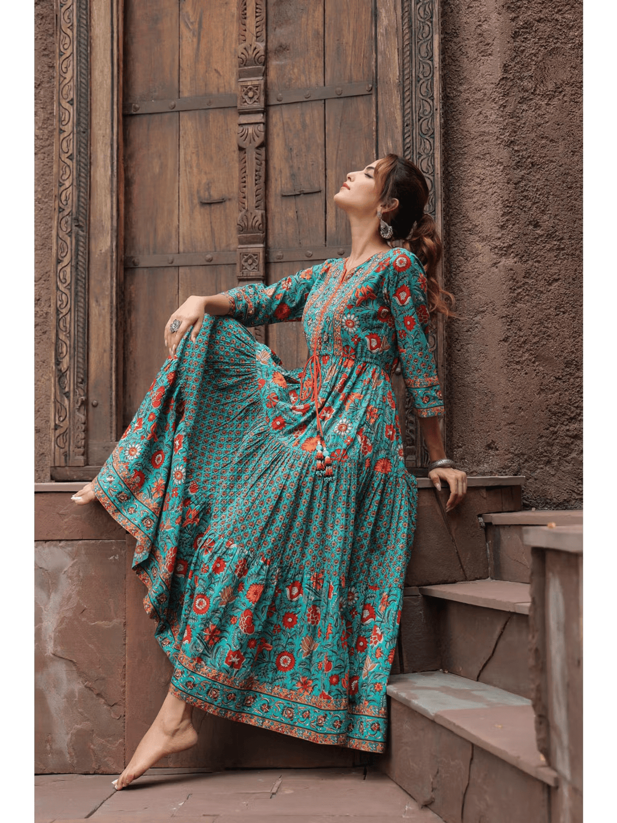 Pure Cotton A - Line Midi Dress for Women – Printed Everyday Wear with Tie - Ups & 3/4 Sleeves - aromie