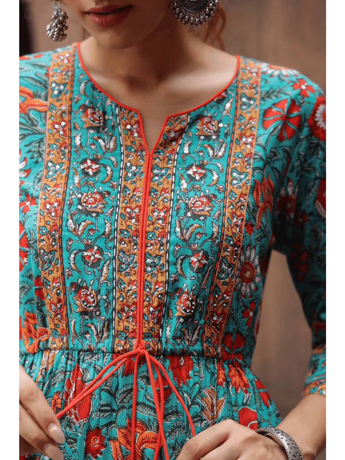 Pure Cotton A - Line Midi Dress for Women – Printed Everyday Wear with Tie - Ups & 3/4 Sleeves - aromie