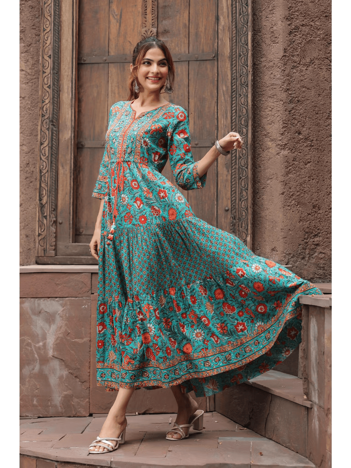 Pure Cotton A - Line Midi Dress for Women – Printed Everyday Wear with Tie - Ups & 3/4 Sleeves - aromie